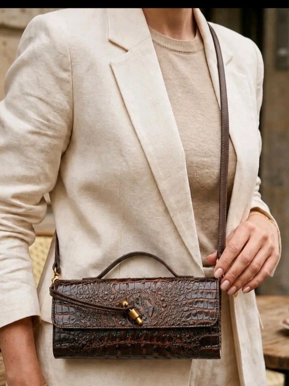 Brown Croc-Embossed Leather Crossbody Bag
